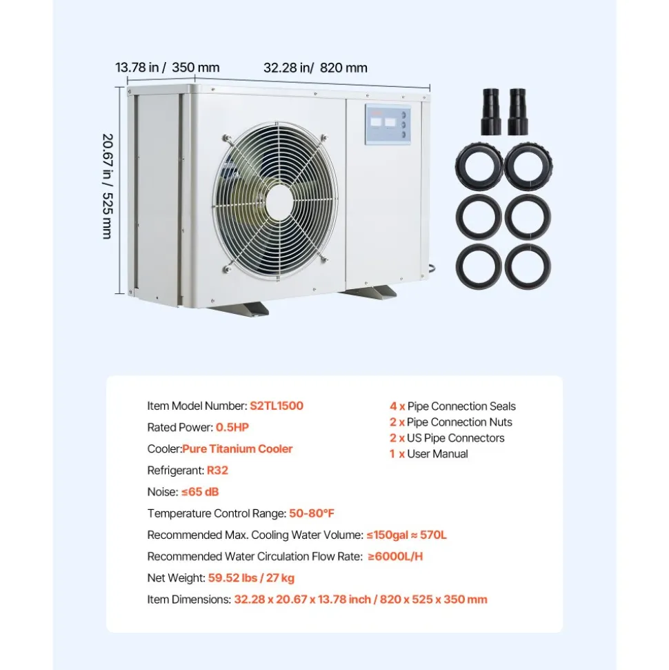 VEVOR Aquarium Chiller 150 Gallon, 1/2 HP Water Chiller for Hydroponics, Fast Cooling for Fish Tank,Axolotl,Coral Reef,Quiet Refrigeration Compressor, Titanium Evaporator,Complete Fittings
