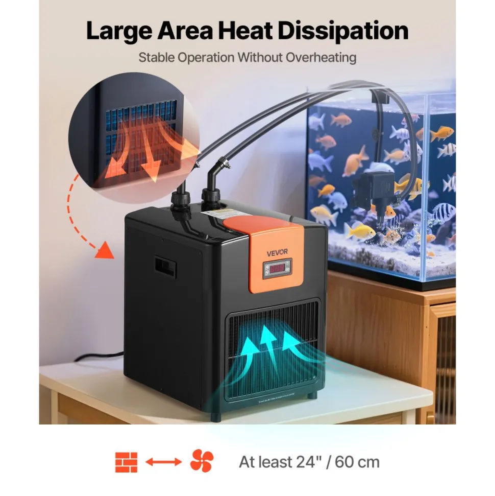 VEVOR Aquarium Chiller 92 Gallon, 1/4 HP Water Chiller for Hydroponics, Fast Cooling for Fish Tank, Axolotl, Coral Reef, Quiet Refrigeration Compressor, Titanium Evaporator, Complete Fittings
