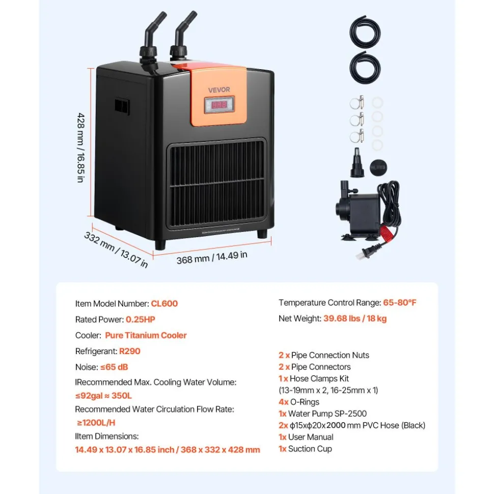 VEVOR Aquarium Chiller 92 Gallon, 1/4 HP Water Chiller for Hydroponics, Fast Cooling for Fish Tank, Axolotl, Coral Reef, Quiet Refrigeration Compressor, Titanium Evaporator, Complete Fittings
