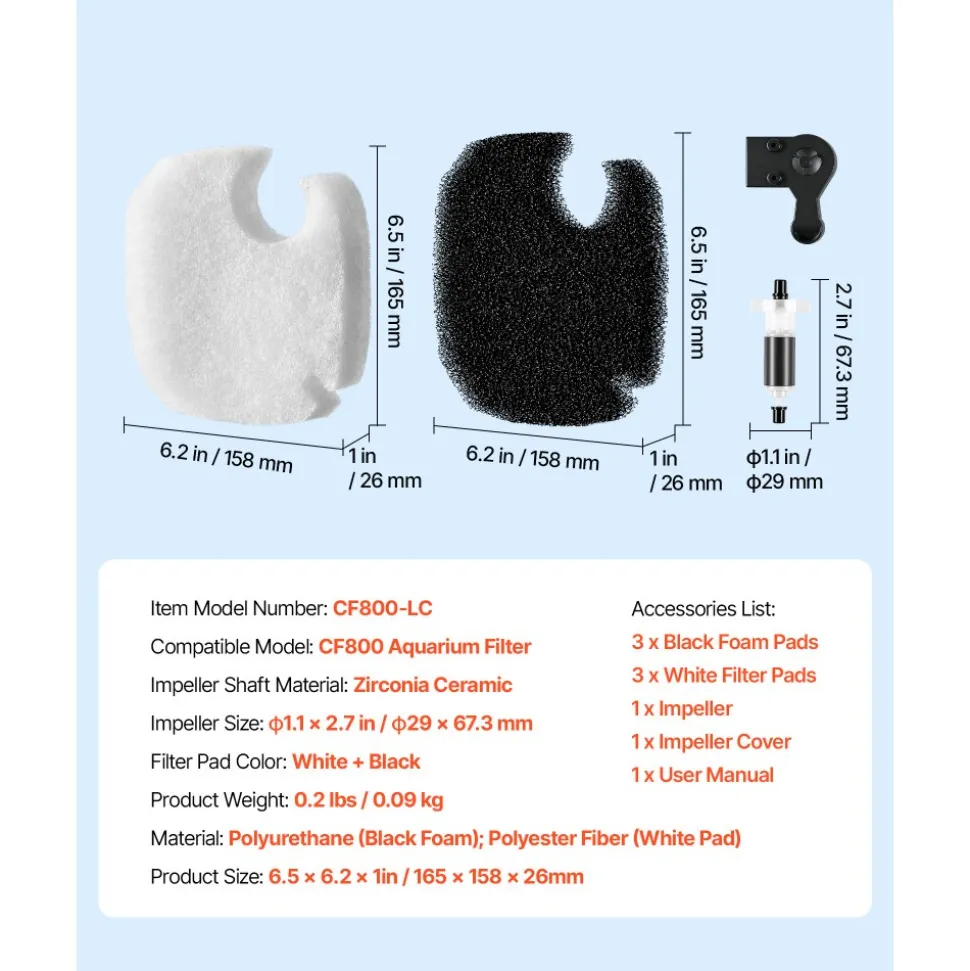 VEVOR Aquarium Filter Media Pads, 6 PCS Replacement with Impeller for CF800, Canister Floss Replacement for Fish Tank, Zirconia Impeller Shaft, 3 Black Polyurethane Foam & 3 White Polyester Fiber Pads