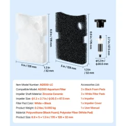 VEVOR Aquarium Filter Media Pads, 6 PCS Replacement with Impeller for AQ500, Canister Floss Replacement for Fish Tank, Zirconia Impeller Shaft, 3 Black Polyurethane Foam & 3 White Polyester Fiber Pads