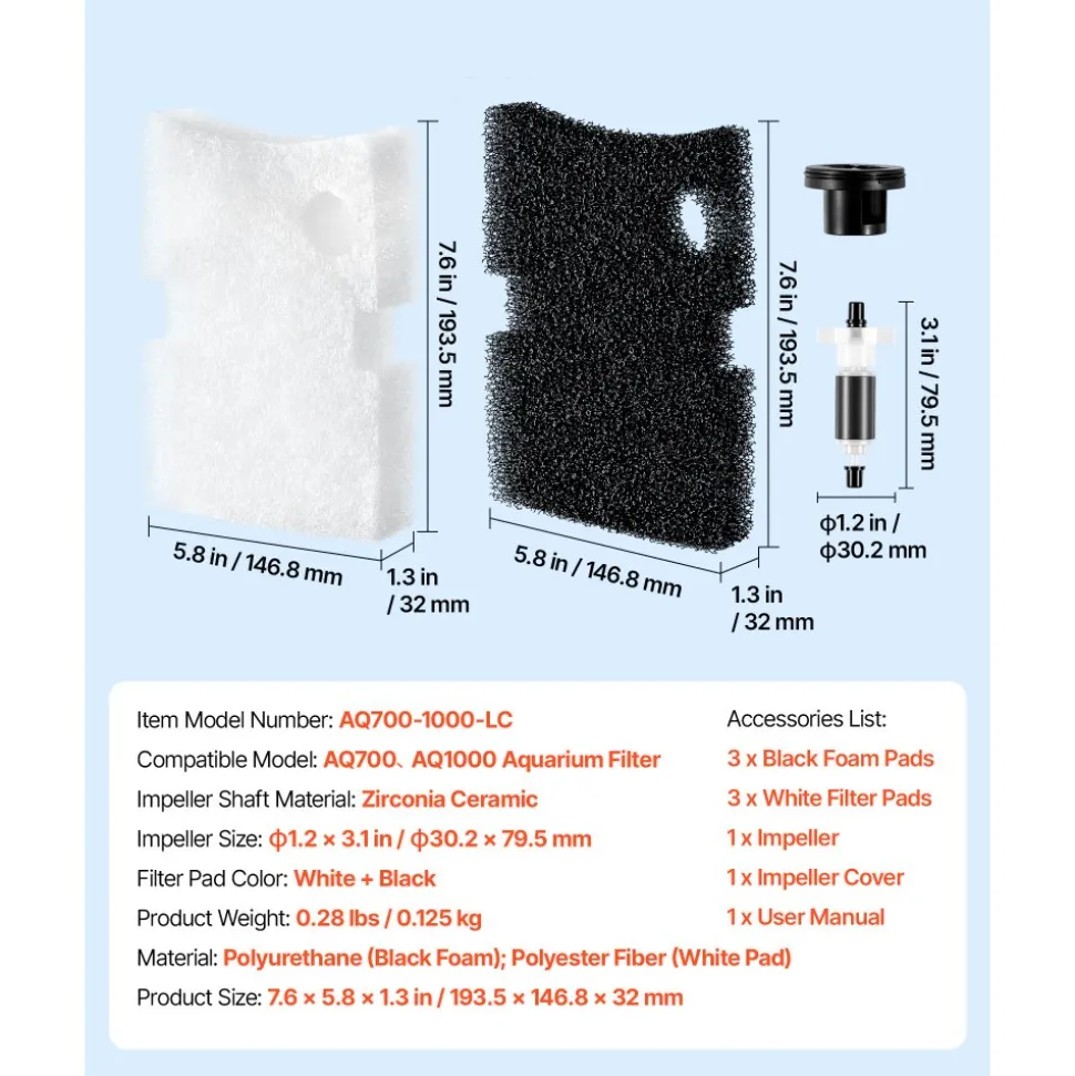 VEVOR Aquarium Filter Media Pads, 6 PCS with Impeller for AQ700 & AQ1000, Canister Floss Replacement Media for Fish Tank, Zirconia Impeller Shaft, 3 Black Polyurethane Foam & 3 White Polyester Fiber