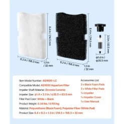 VEVOR Aquarium Filter Media Pads, 6 PCS Replacement with Impeller for AQ1600, Canister Floss Replacement for Fish Tank, Zirconia Shaft, 3 Black Polyurethane Foam & 3 White Polyester Fiber Pads