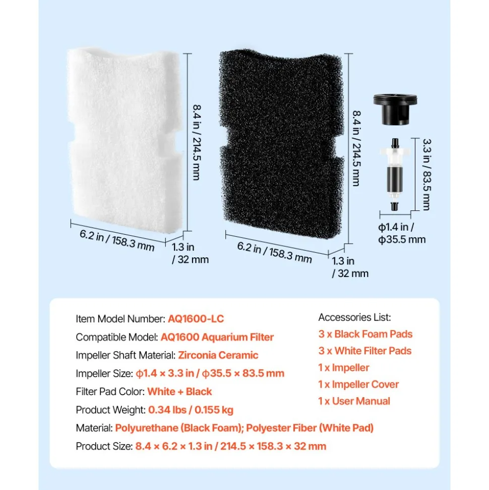 VEVOR Aquarium Filter Media Pads, 6 PCS Replacement with Impeller for AQ1600, Canister Floss Replacement for Fish Tank, Zirconia Shaft, 3 Black Polyurethane Foam & 3 White Polyester Fiber Pads