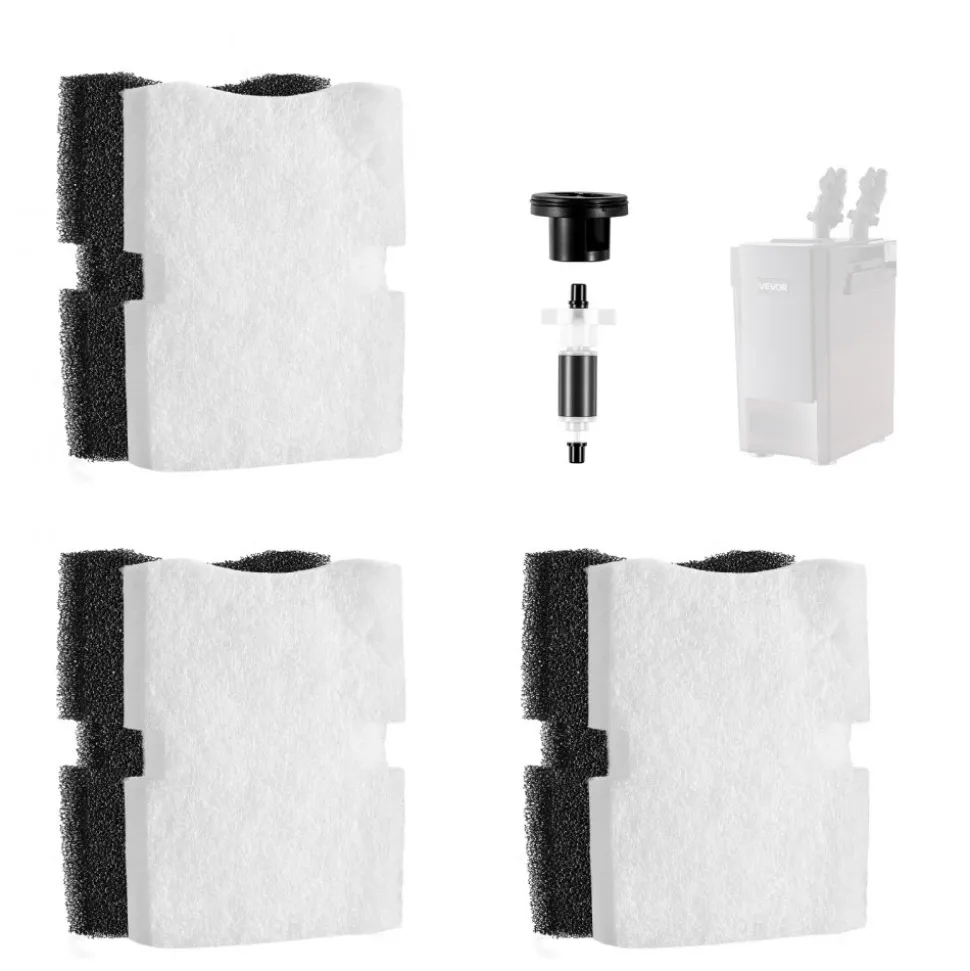 VEVOR Aquarium Filter Media Pads, 6 PCS Replacement with Impeller for AQ1600, Canister Floss Replacement for Fish Tank, Zirconia Shaft, 3 Black Polyurethane Foam & 3 White Polyester Fiber Pads