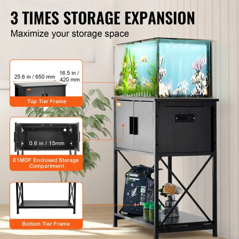 VEVOR Aquarium Stand, 20 Gallon Fish Tank Stand, 25.6 x 16.5 x 31.9 in Steel and MDF Turtle Tank Stand, 167.6 lbs Load Capacity, Reptile Tank Stand with Storage Cabinet and Embedded Power Panel, Black