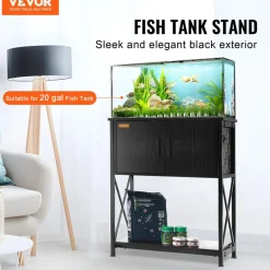 VEVOR Aquarium Stand, 20 Gallon Fish Tank Stand, 25.6 x 16.5 x 31.9 in Steel and MDF Turtle Tank Stand, 167.6 lbs Load Capacity, Reptile Tank Stand with Storage Cabinet and Embedded Power Panel, Black