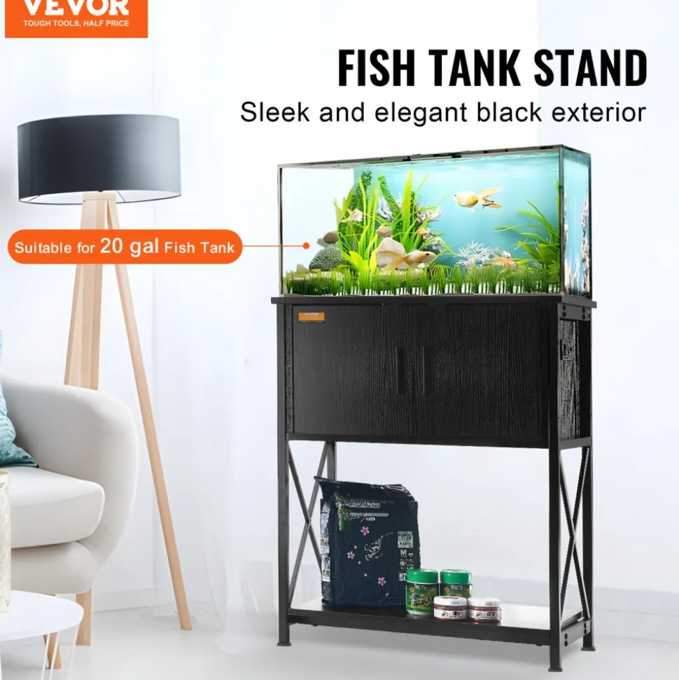 VEVOR Aquarium Stand, 20 Gallon Fish Tank Stand, 25.6 x 16.5 x 31.9 in Steel and MDF Turtle Tank Stand, 167.6 lbs Load Capacity, Reptile Tank Stand with Storage Cabinet and Embedded Power Panel, Black