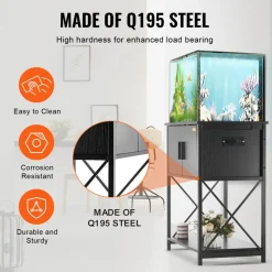 VEVOR Aquarium Stand, 20 Gallon Fish Tank Stand, 25.6 x 16.5 x 31.9 in Steel and MDF Turtle Tank Stand, 167.6 lbs Load Capacity, Reptile Tank Stand with Storage Cabinet and Embedded Power Panel, Black