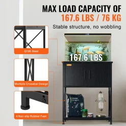 VEVOR Aquarium Stand, 20 Gallon Fish Tank Stand, 25.6 x 16.5 x 31.9 in Steel and MDF Turtle Tank Stand, 167.6 lbs Load Capacity, Reptile Tank Stand with Storage Cabinet and Embedded Power Panel, Black