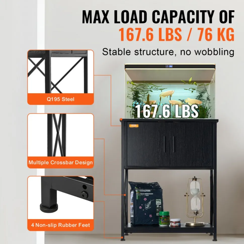 VEVOR Aquarium Stand, 20 Gallon Fish Tank Stand, 25.6 x 16.5 x 31.9 in Steel and MDF Turtle Tank Stand, 167.6 lbs Load Capacity, Reptile Tank Stand with Storage Cabinet and Embedded Power Panel, Black