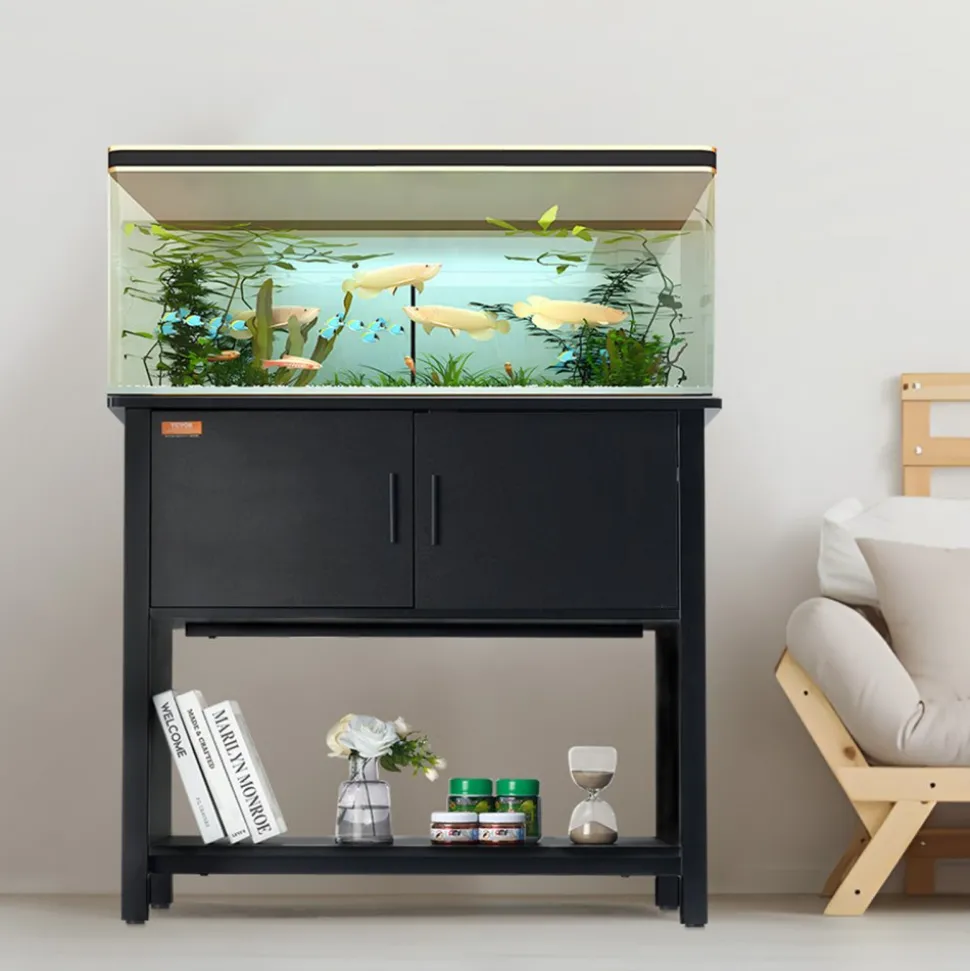 VEVOR Aquarium Stand, 40 Gallon Fish Tank Stand, 36.6 x 18.9 x 31.5 in Steel and MDF Turtle Tank Stand, 335 lbs Load Capacity, Reptile Tank Stand with Storage Cabinet and Embedded Power Panel, Black