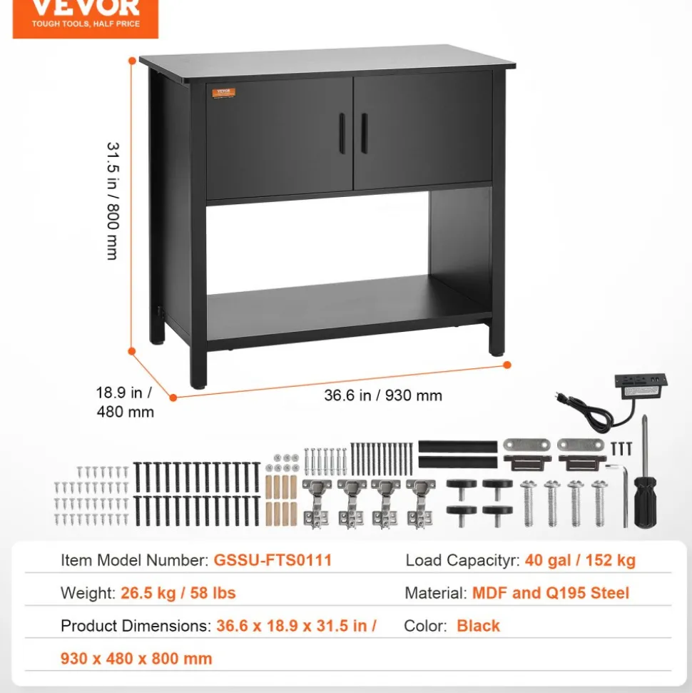VEVOR Aquarium Stand, 40 Gallon Fish Tank Stand, 36.6 x 18.9 x 31.5 in Steel and MDF Turtle Tank Stand, 335 lbs Load Capacity, Reptile Tank Stand with Storage Cabinet and Embedded Power Panel, Black