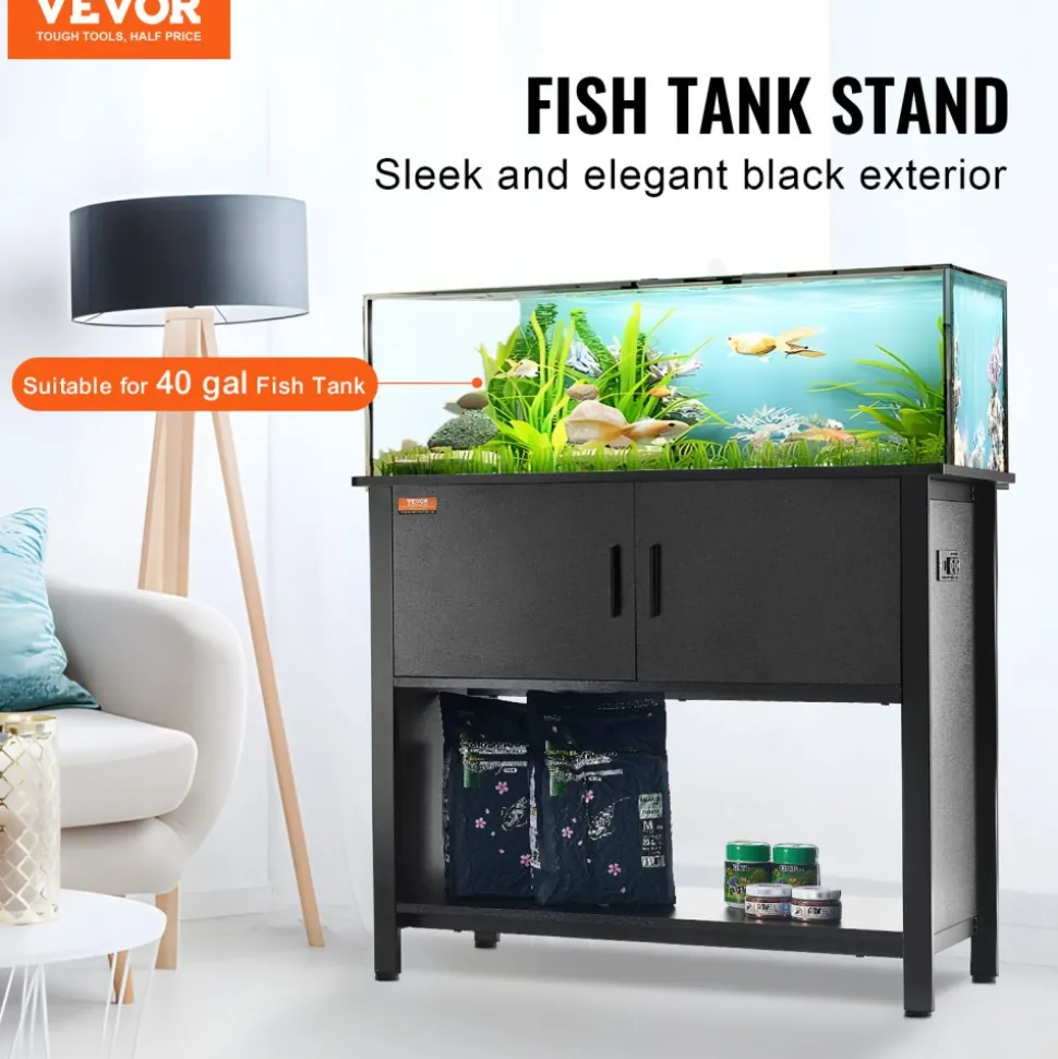 VEVOR Aquarium Stand, 40 Gallon Fish Tank Stand, 36.6 x 18.9 x 31.5 in Steel and MDF Turtle Tank Stand, 335 lbs Load Capacity, Reptile Tank Stand with Storage Cabinet and Embedded Power Panel, Black