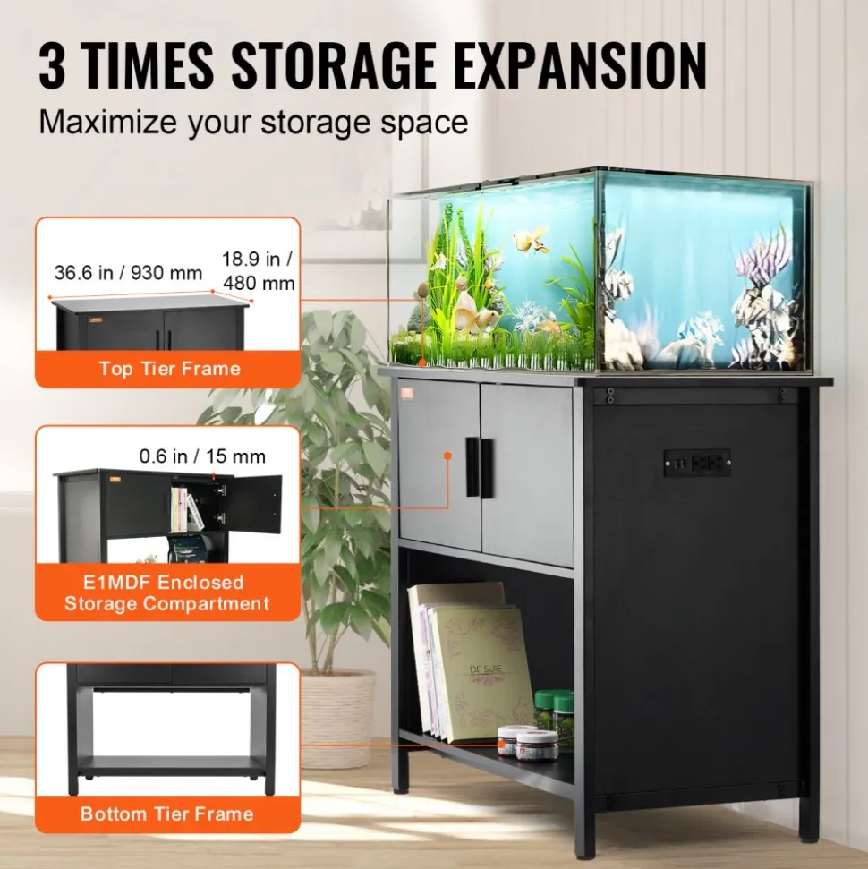 VEVOR Aquarium Stand, 40 Gallon Fish Tank Stand, 36.6 x 18.9 x 31.5 in Steel and MDF Turtle Tank Stand, 335 lbs Load Capacity, Reptile Tank Stand with Storage Cabinet and Embedded Power Panel, Black