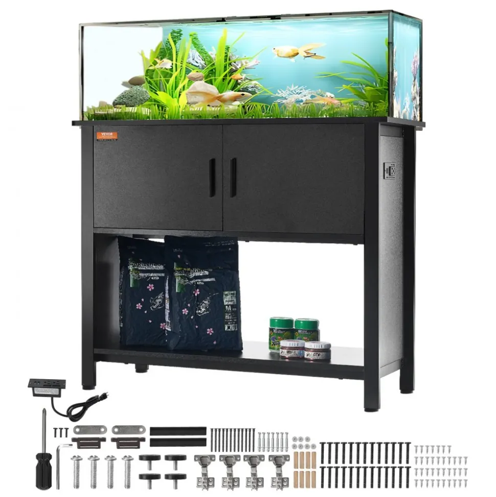 VEVOR Aquarium Stand, 40 Gallon Fish Tank Stand, 36.6 x 18.9 x 31.5 in Steel and MDF Turtle Tank Stand, 335 lbs Load Capacity, Reptile Tank Stand with Storage Cabinet and Embedded Power Panel, Black