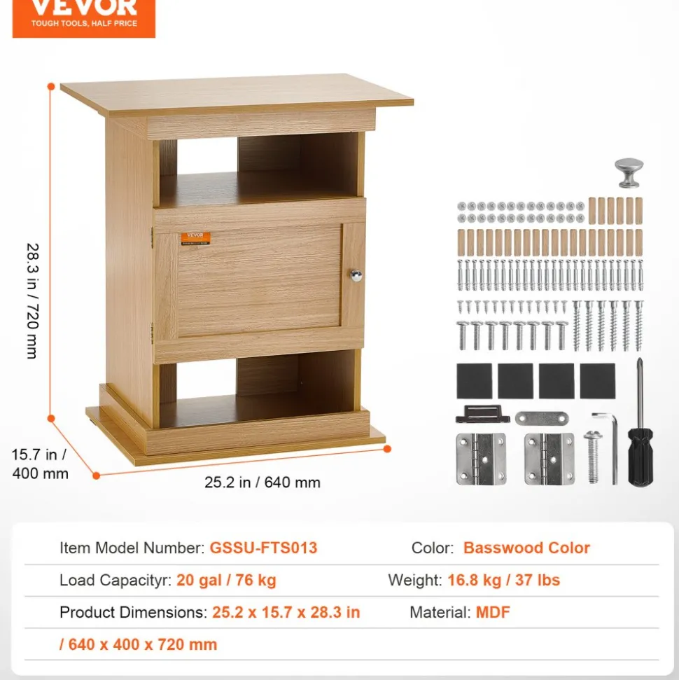 VEVOR Aquarium Stand, 20 Gallon Fish Tank Stand, 25.2 x 15.7 x 28.3 in MDF Turtle Tank Stand, 167.6 lbs Load Capacity, Reptile Tank Stand with Storage, Cabinet and Hardware Kit, Basswood Color