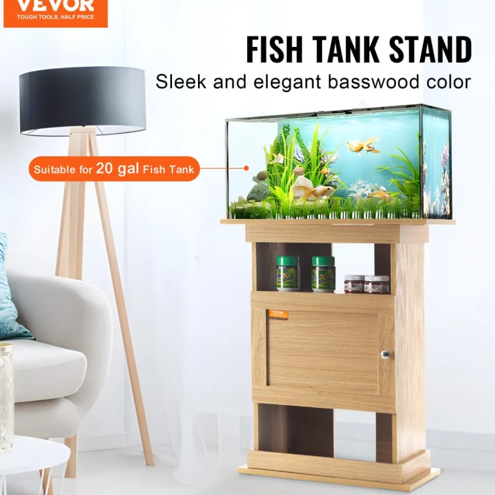 VEVOR Aquarium Stand, 20 Gallon Fish Tank Stand, 25.2 x 15.7 x 28.3 in MDF Turtle Tank Stand, 167.6 lbs Load Capacity, Reptile Tank Stand with Storage, Cabinet and Hardware Kit, Basswood Color