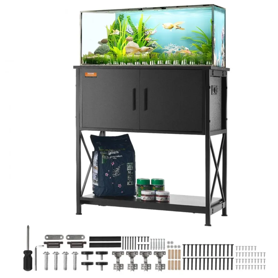 VEVOR Aquarium Stand, 29 Gallon Fish Tank Stand, 28.7 x 16.5 x 30 in Steel and MDF Turtle Tank Stand, 242.5 lbs Load Capacity, Reptile Tank Stand with Storage Cabinet and Embedded Power Panel, Black