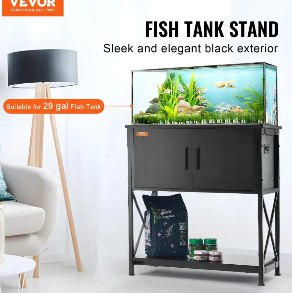 VEVOR Aquarium Stand, 29 Gallon Fish Tank Stand, 28.7 x 16.5 x 30 in Steel and MDF Turtle Tank Stand, 242.5 lbs Load Capacity, Reptile Tank Stand with Storage Cabinet and Embedded Power Panel, Black