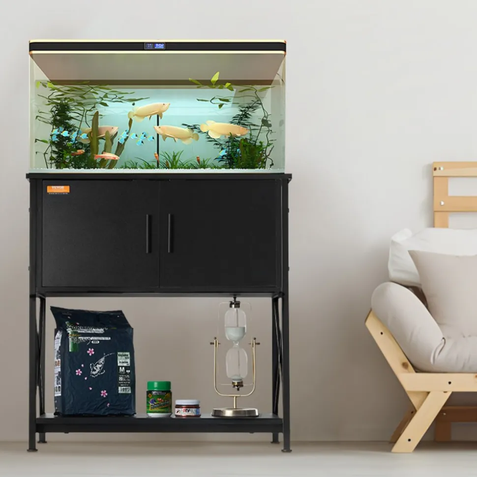 VEVOR Aquarium Stand, 29 Gallon Fish Tank Stand, 28.7 x 16.5 x 30 in Steel and MDF Turtle Tank Stand, 242.5 lbs Load Capacity, Reptile Tank Stand with Storage Cabinet and Embedded Power Panel, Black
