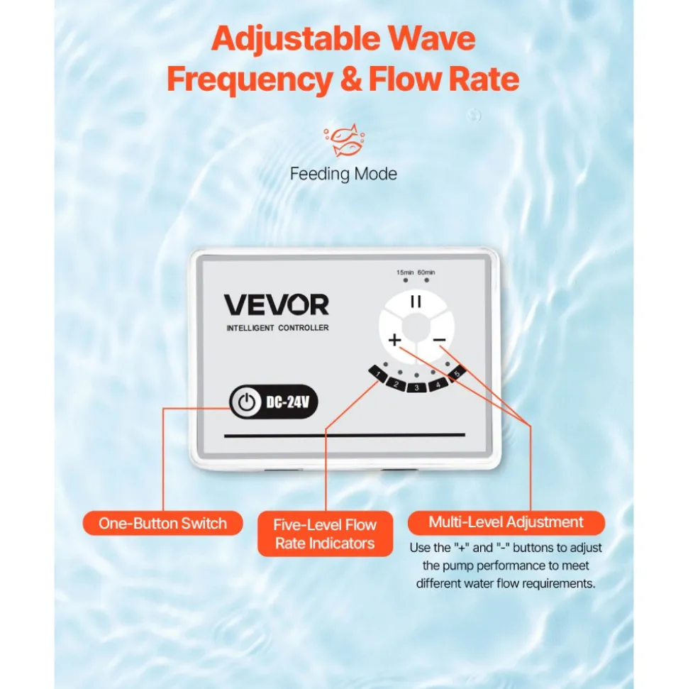 VEVOR Aquarium 24V DC Water Pump, 30W, 800 GPH Marine Wavemaker Return Pump with Controller, Adjustable Flow, Feed Mode, 11.5 ft Maximum Lift, for Saltwater Freshwater Fish Tank Sump Pond Circulation