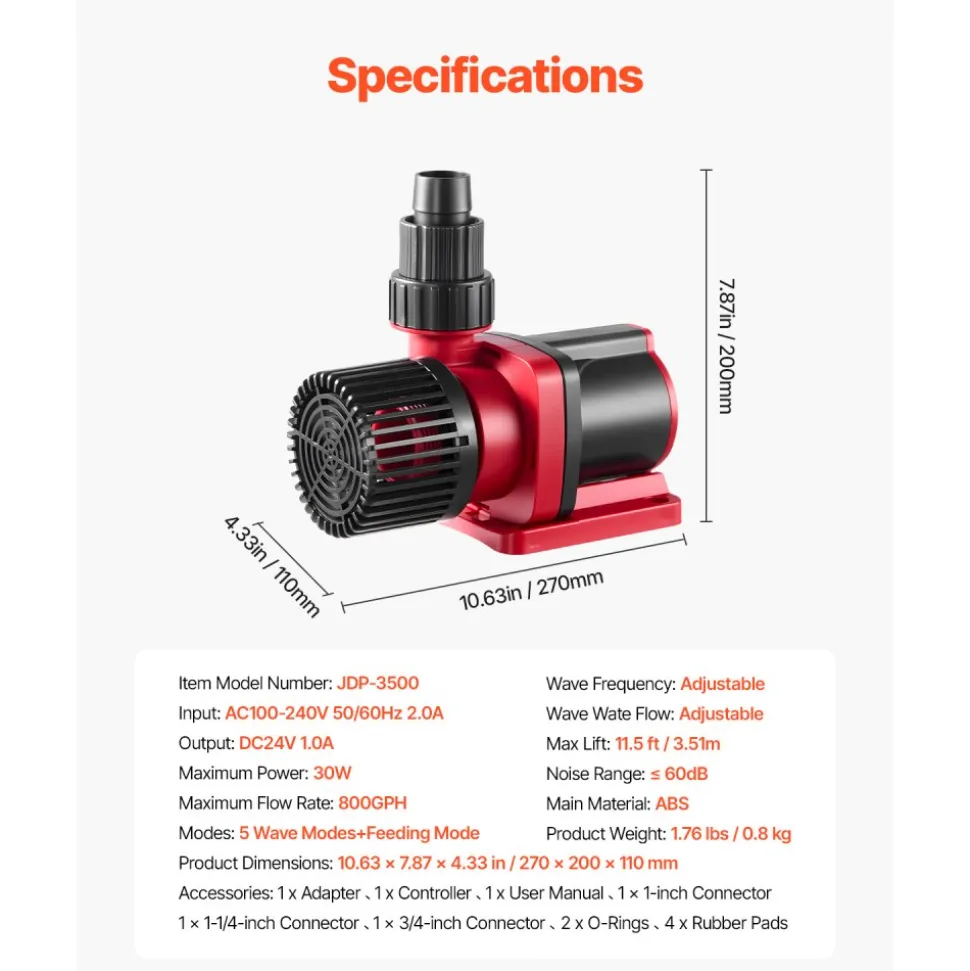 VEVOR Aquarium 24V DC Water Pump, 30W, 800 GPH Marine Wavemaker Return Pump with Controller, Adjustable Flow, Feed Mode, 11.5 ft Maximum Lift, for Saltwater Freshwater Fish Tank Sump Pond Circulation