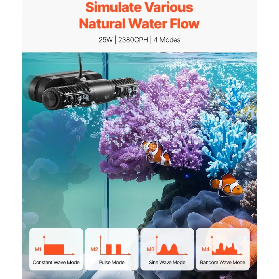 VEVOR Aquarium Wave Maker, 25W, 2380 GPH Adjustable Cross Flow Pump with Controller, Magnetic DC 24V Aquarium Powerhead, Strong Magnetic Base, 360° Rotating Wavemaker, for Saltwater Marine Freshwater