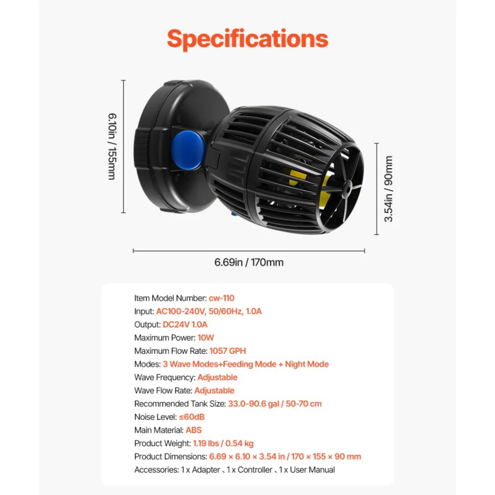 VEVOR Aquarium Wave Maker, 10W, 1057 GPH Quiet and Strong DC Powerhead, Adjustable Fish Tank Circulation Pump with Controller, Strong Magnetic Base, 360° Rotating Wavemaker, for Freshwater Saltwater