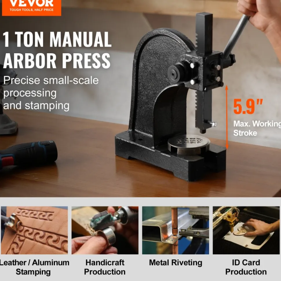 VEVOR Arbor Press, 1 Ton Manual Arbor Press, 5.9" Maximum Height, Cast Iron Heavy-duty Manual Desktop Arbor Press, Precision Hand Press for Stamping, Bending, Stretching, Forming