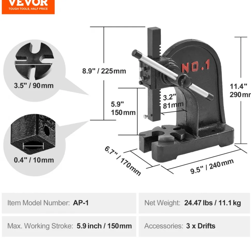 VEVOR Arbor Press, 1 Ton Manual Arbor Press, 5.9" Maximum Height, Cast Iron Heavy-duty Manual Desktop Arbor Press, Precision Hand Press for Stamping, Bending, Stretching, Forming