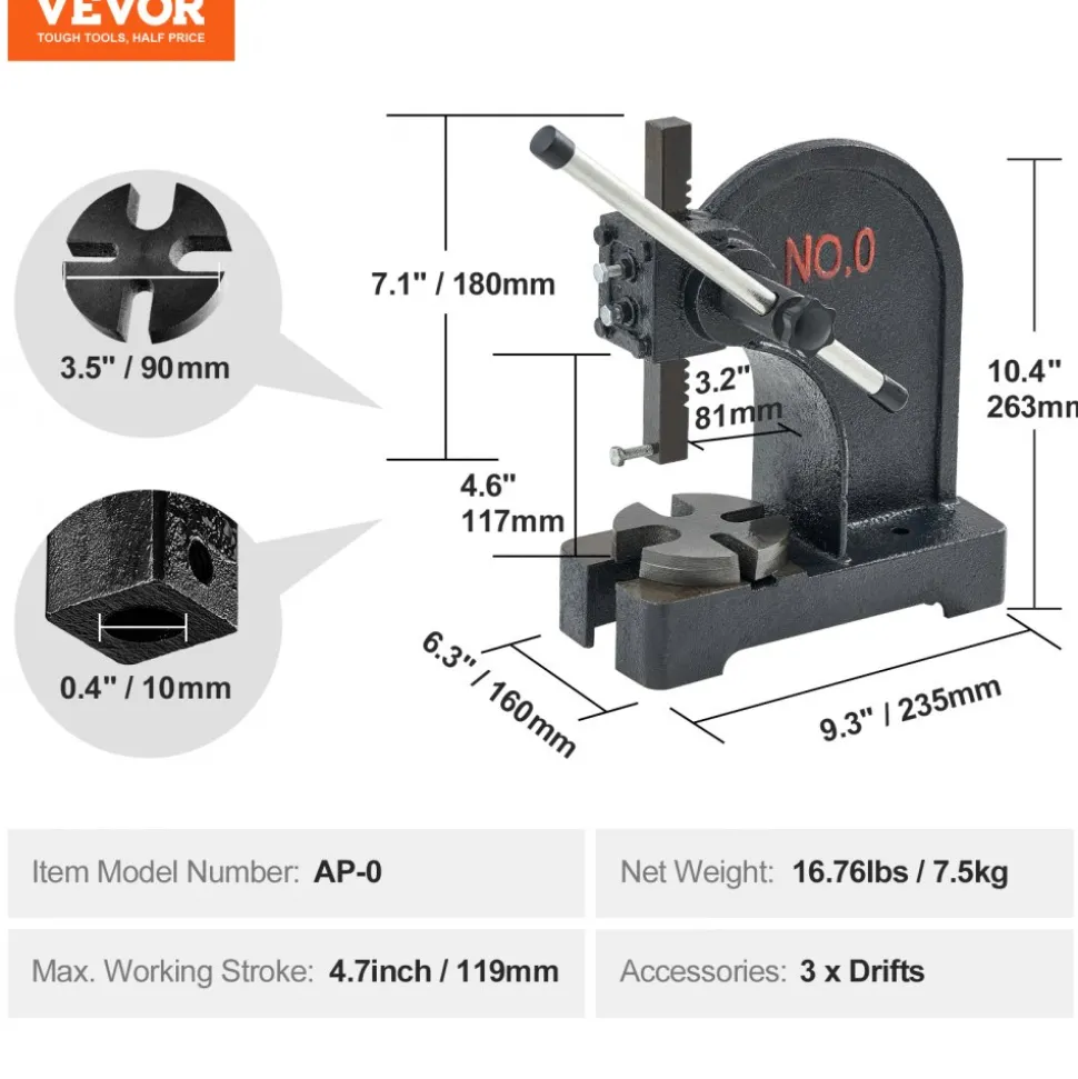 VEVOR Arbor Press, 0.5 Ton Manual Arbor Press, 4.6" Maximum Height, Cast Iron Heavy-duty Manual Desktop Arbor Press, Precision Hand Press for Stamping, Bending, Stretching, Forming