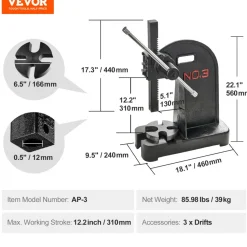 VEVOR Arbor Press, 3 Ton Manual Arbor Press, 12.2" Maximum Height, Cast Iron Heavy-duty Manual Desktop Arbor Press, Precision Hand Press for Stamping, Bending, Stretching, Forming