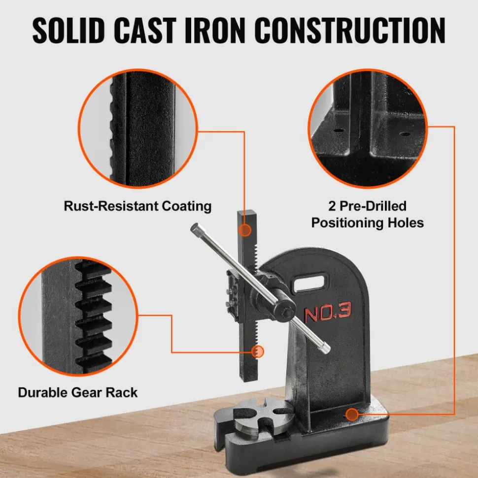 VEVOR Arbor Press, 3 Ton Manual Arbor Press, 12.2" Maximum Height, Cast Iron Heavy-duty Manual Desktop Arbor Press, Precision Hand Press for Stamping, Bending, Stretching, Forming