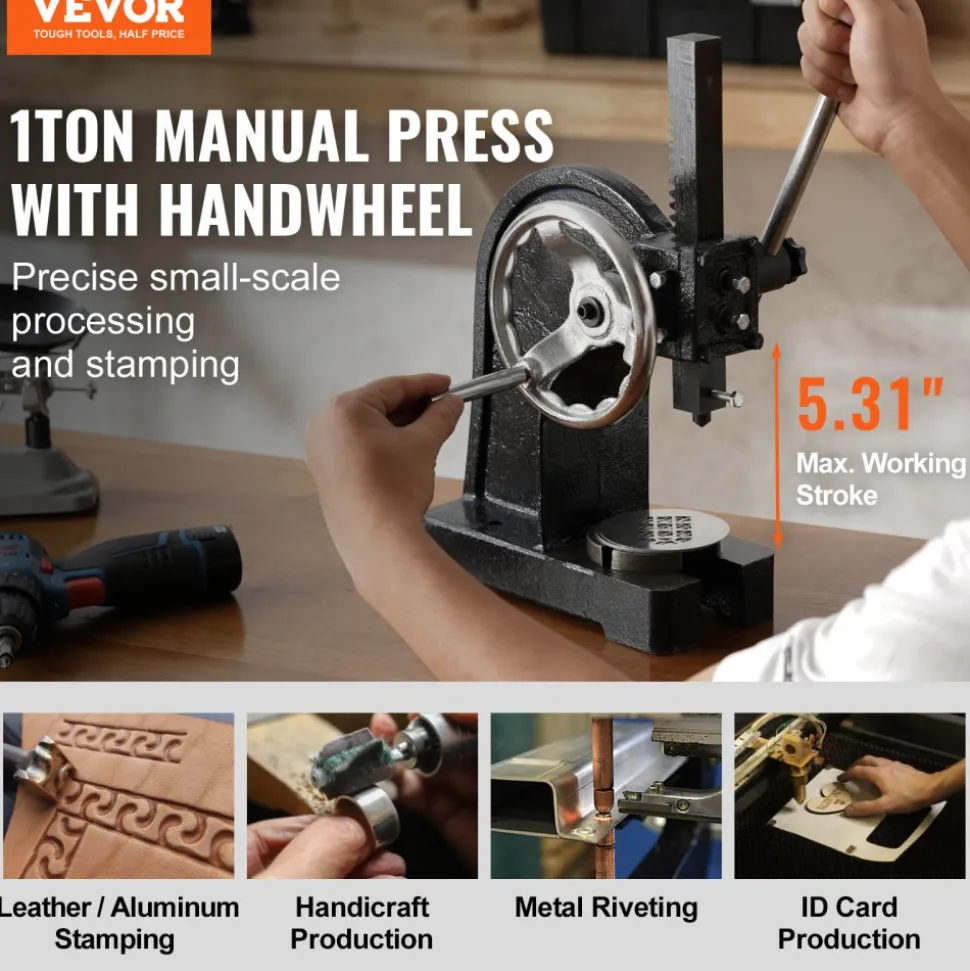 VEVOR Arbor Press, 1 Ton Manual Arbor Press with Handwheel, 5.9" Maximum Height, Cast Iron Heavy-duty Manual Desktop Arbor Press, Precision Hand Press for Stamping, Bending, Stretching, Forming