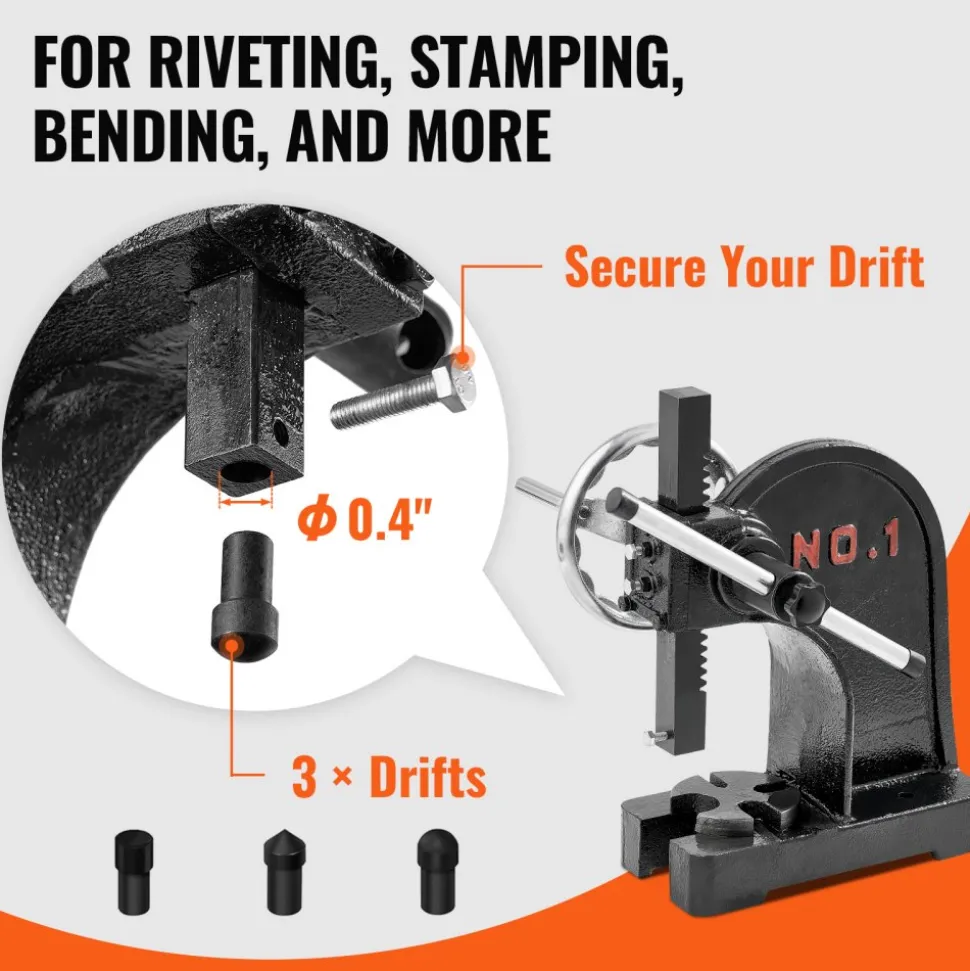 VEVOR Arbor Press, 1 Ton Manual Arbor Press with Handwheel, 5.9" Maximum Height, Cast Iron Heavy-duty Manual Desktop Arbor Press, Precision Hand Press for Stamping, Bending, Stretching, Forming