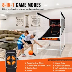VEVOR Arcade Cage Basketball Game, 2 Player Indoor Basketball Game, Home Dual Shot Sport with 5 Balls, 8 Game Modes, Electronic Scoreboard, and Inflation Pump, for Kids, Adults (Black & White)