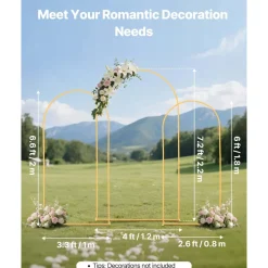 VEVOR Arch Backdrop Stand, Set of 3, 7.2/6.6/6 ft, Stable Structure, Easy Assembly, Gold Metal Arch Backdrop Stand for Wedding, Birthday Party, Graduation, Holiday Celebration, and Ceremony Decoration