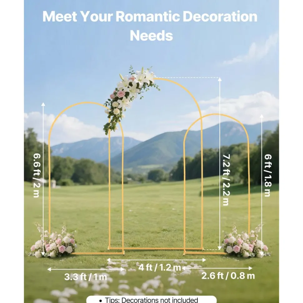 VEVOR Arch Backdrop Stand, Set of 3, 7.2/6.6/6 ft, Stable Structure, Easy Assembly, Gold Metal Arch Backdrop Stand for Wedding, Birthday Party, Graduation, Holiday Celebration, and Ceremony Decoration