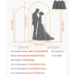 VEVOR Arch Backdrop Stand, Set of 3, 7.2/6.6/6 ft, Stable Structure, Easy Assembly, Gold Metal Arch Backdrop Stand for Wedding, Birthday Party, Graduation, Holiday Celebration, and Ceremony Decoration