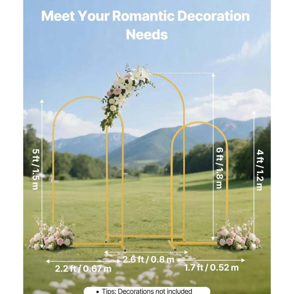 VEVOR Arch Backdrop Stand, Set of 3, 6/5/4 ft, Stable Structure, Easy Assembly, Gold Metal Arch Backdrop Stand for Wedding, Birthday Party, Graduation, Holiday Celebration, and Ceremony Decoration