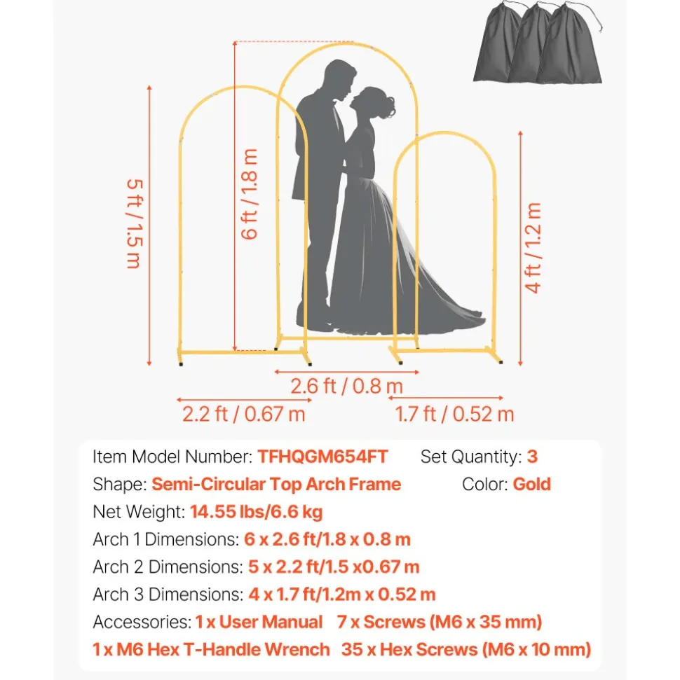 VEVOR Arch Backdrop Stand, Set of 3, 6/5/4 ft, Stable Structure, Easy Assembly, Gold Metal Arch Backdrop Stand for Wedding, Birthday Party, Graduation, Holiday Celebration, and Ceremony Decoration
