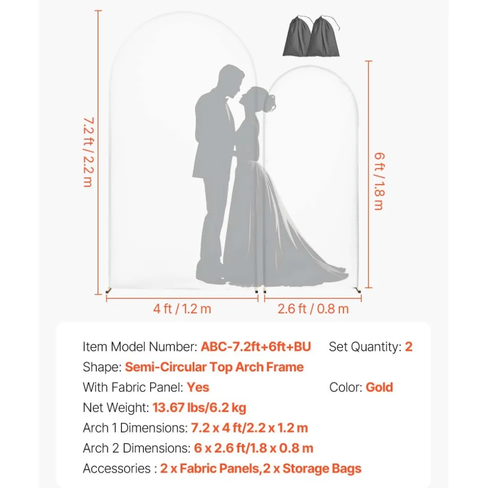 VEVOR Arch Backdrop Stand, Set of 2, 7.2 ft and 6 ft, Stable Structure, Easy Assembly, Gold Metal Arch Backdrop Stand with Cover for Wedding, Birthday Party, Celebration, and Ceremony Decoration