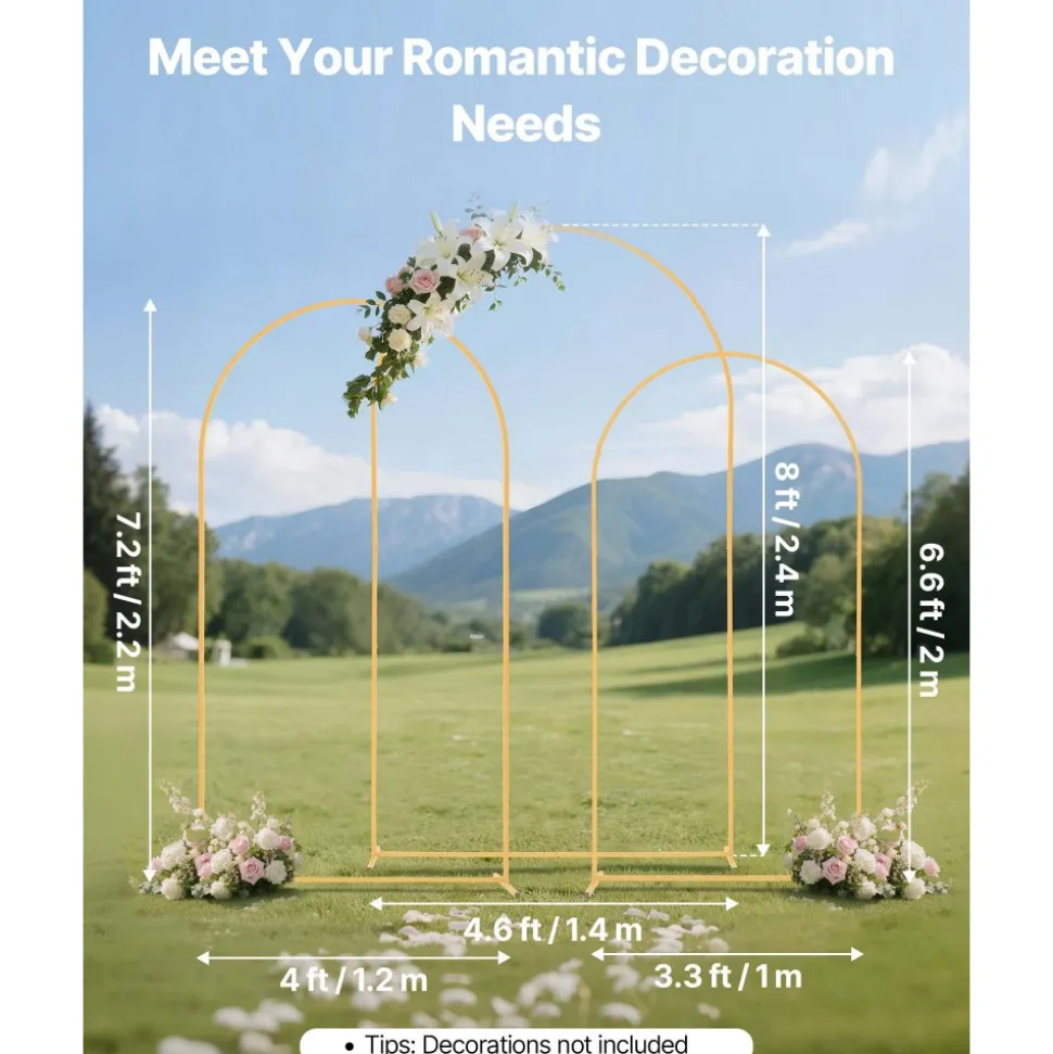 VEVOR Arch Backdrop Stand, Set of 3, 8/7.2/6.6 ft, Stable Structure, Easy Assembly, Gold Metal Arch Backdrop Stand for Wedding, Birthday Party, Graduation, Holiday Celebration, and Ceremony Decoration