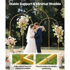 VEVOR Arch Backdrop Stand, Set of 3, 8/7.2/6.6 ft, Stable Structure, Easy Assembly, Gold Metal Arch Backdrop Stand for Wedding, Birthday Party, Graduation, Holiday Celebration, and Ceremony Decoration