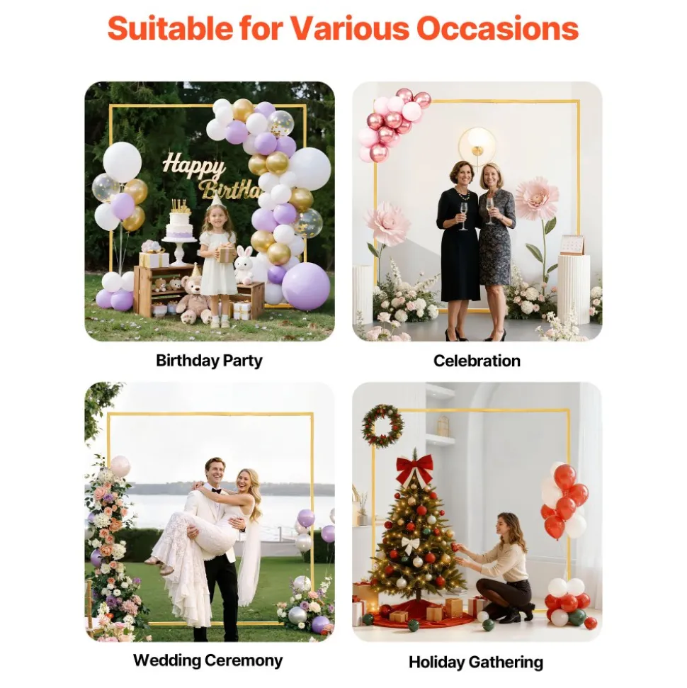 VEVOR Arch Backdrop Stand, 6.6 x 6.6 ft, Stable Structure, Easy Assembly, Square Gold Metal Arch Backdrop Stand for Wedding, Birthday Party, Graduation, Holiday Celebration, and Ceremony Decoration