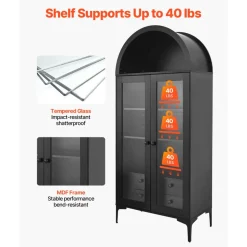 VEVOR Arched Display Cabinet with Glass Doors, 70 in Tall Curio Cabinet, 4-Tier Display Case with 2 Adjustable Shelves, Bookcase Bookshelf for Collectibles Storage Bedroom Living Room Office