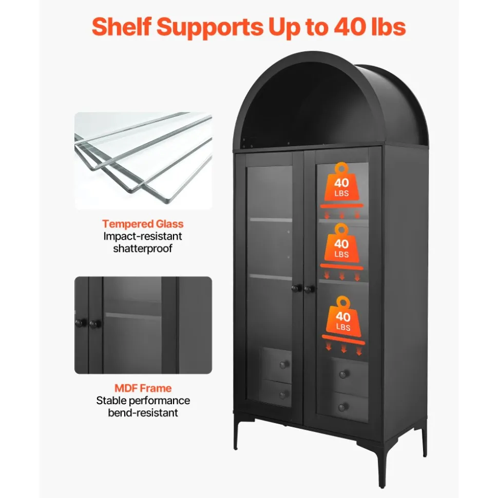 VEVOR Arched Display Cabinet with Glass Doors, 70 in Tall Curio Cabinet, 4-Tier Display Case with 2 Adjustable Shelves, Bookcase Bookshelf for Collectibles Storage Bedroom Living Room Office