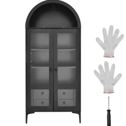 VEVOR Arched Display Cabinet with Glass Doors, 70 in Tall Curio Cabinet, 4-Tier Display Case with 2 Adjustable Shelves, Bookcase Bookshelf for Collectibles Storage Bedroom Living Room Office