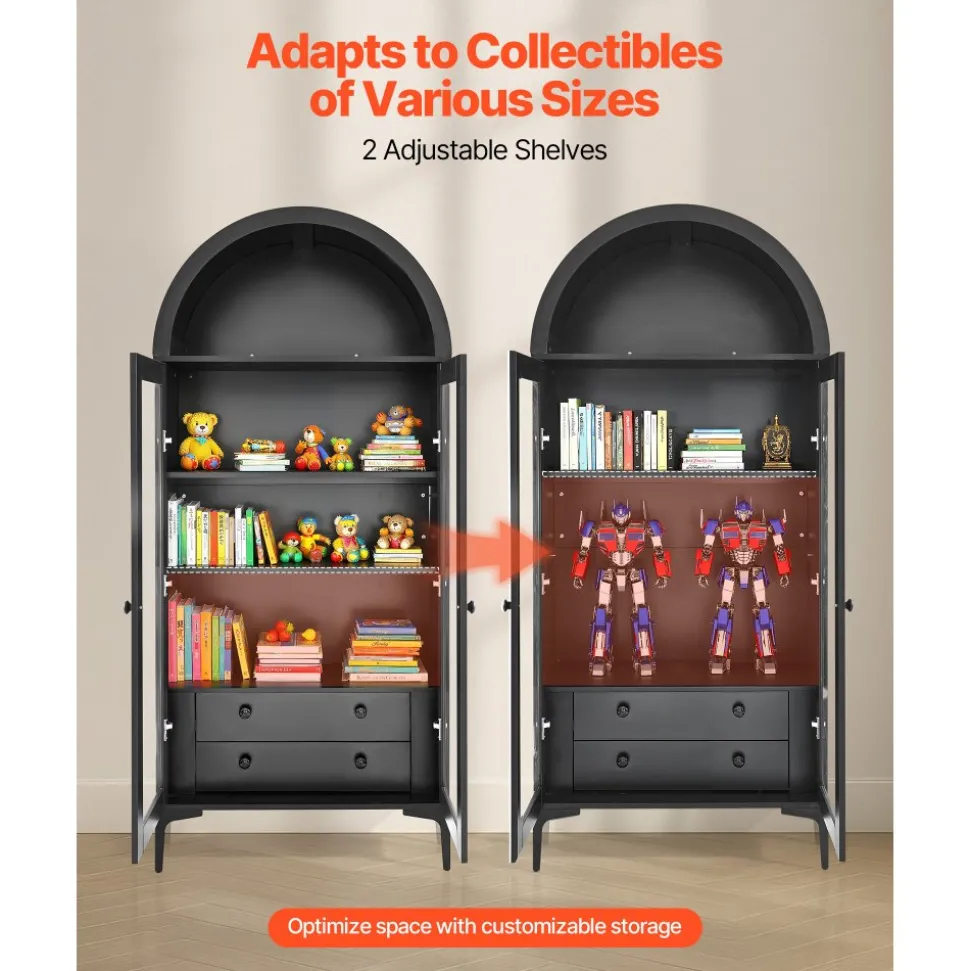 VEVOR Arched Display Cabinet with Glass Doors, 70 in Tall Curio Cabinet, 4-Tier Display Case with 2 Adjustable Shelves, Bookcase Bookshelf for Collectibles Storage Bedroom Living Room Office